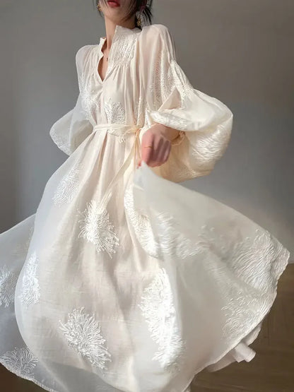 French Elegant Lantern Sleeve Embroidery Midi Dress