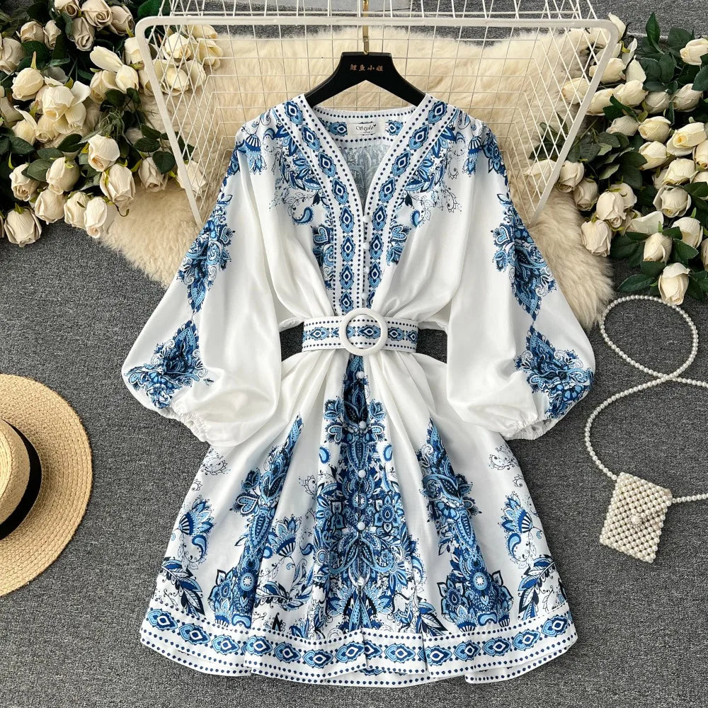 Vintage Print Elegant Lantern Long Sleeve Dress