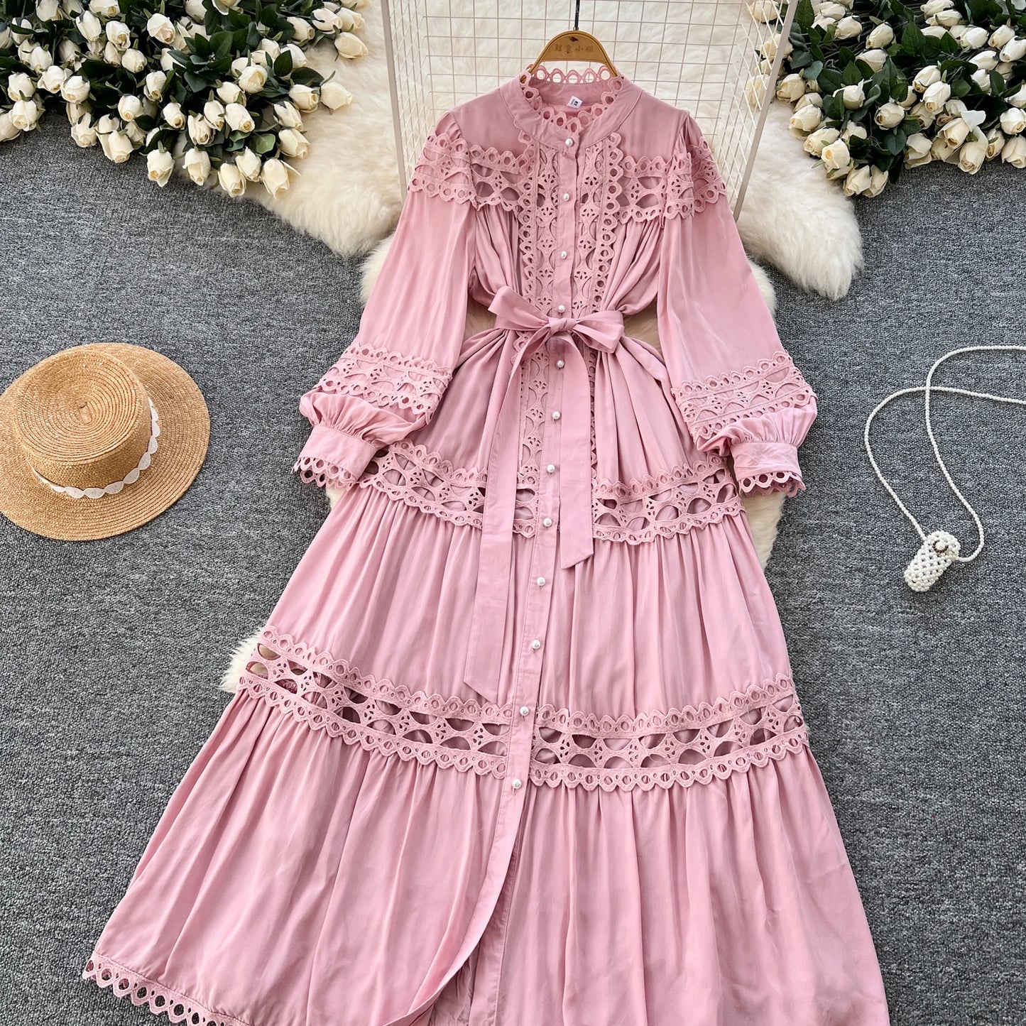 Elegant Hollow Out Hook Flower Lantern Sleeves Dresses