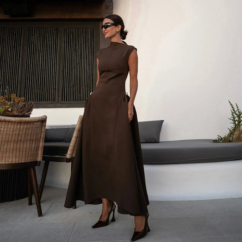 Pleated long dress with slanted collar for women’s elegance
