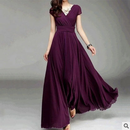 Stylish Short-Sleeved Chiffon Evening Dress perfect for any occasion.
