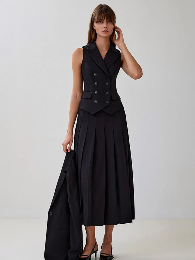 Absobe Elegant Blazer Pleated Long Skirt styled with a stylish jacket.