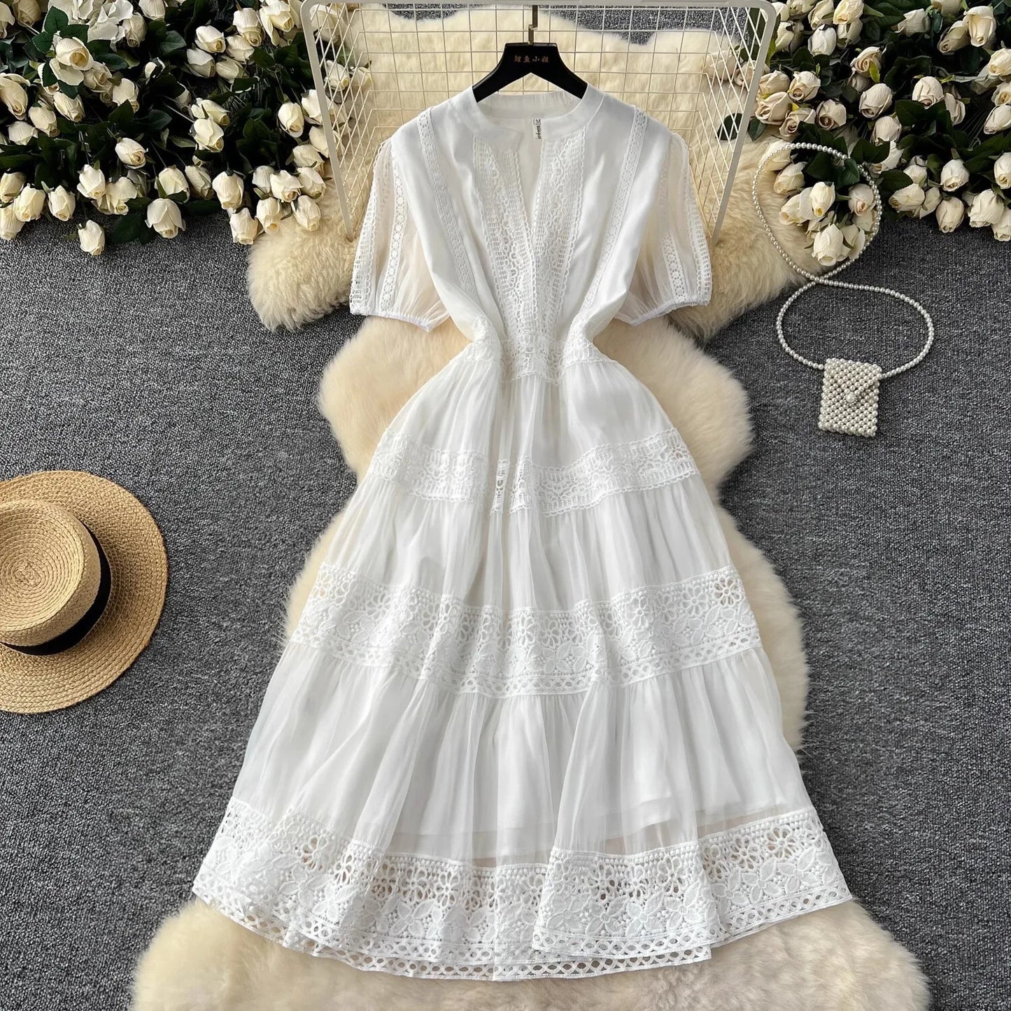 French Elegant Lace Embroidery Dress