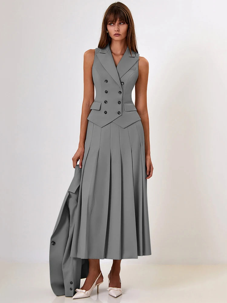 Absobe Elegant Blazer Pleated Long Skirt in a sophisticated.