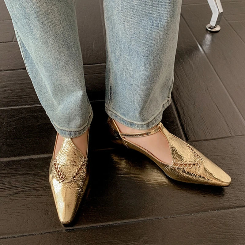 Genuine Sheepskin Gold Buckle T-strap Shoes