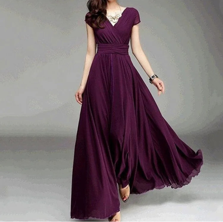 Elegant Short-Sleeved Chiffon Evening Dress on a model.
