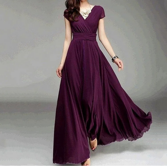 Elegant Short-Sleeved Chiffon Evening Dress on a model.
