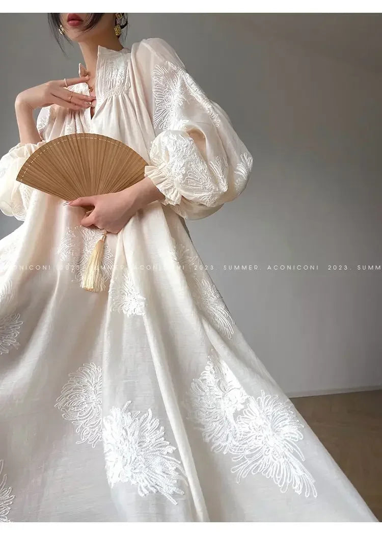 French Elegant Lantern Sleeve Embroidery Midi Dress