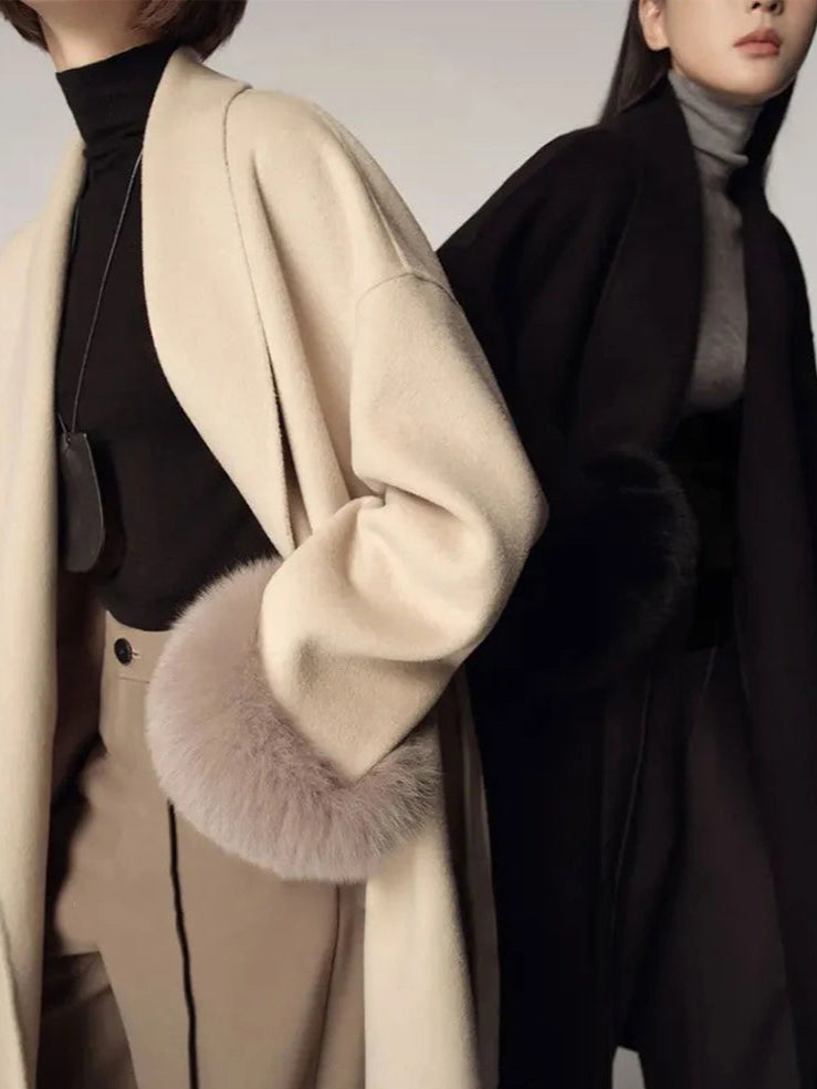 Faux Fox Fur Winter Jacket draped on a hanger with winter décor.