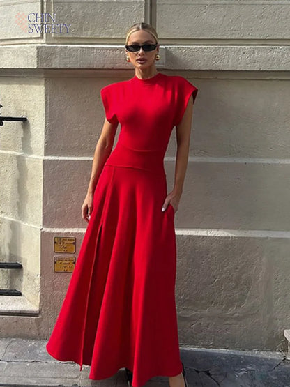 Fashion Shoulder Pad O Neck Red Maxi Dress Women
