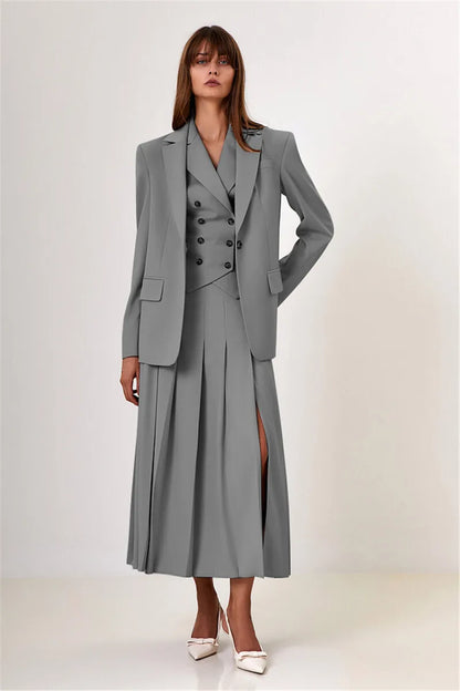 Absobe Elegant Blazer Pleated Long Skirt on a hanger showcasing pleat details