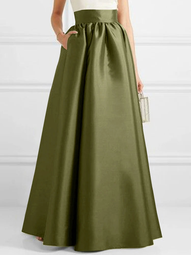 Front view of the Elegant High Waist Solid A-line Maxi Skirt
