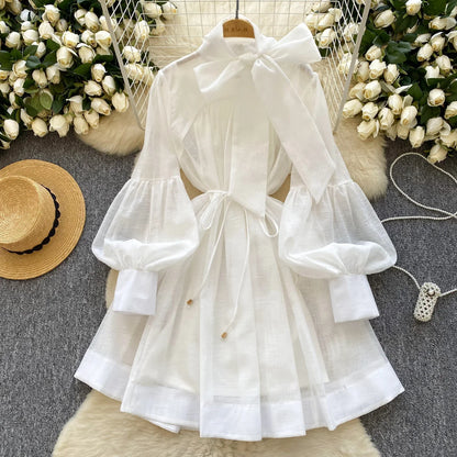 Elegant Butterfly Bow Bandage Vintage Lace-up Chic Lantern Sleeves Slim Long Dresses Evening High Street Autumn Winter Clothing