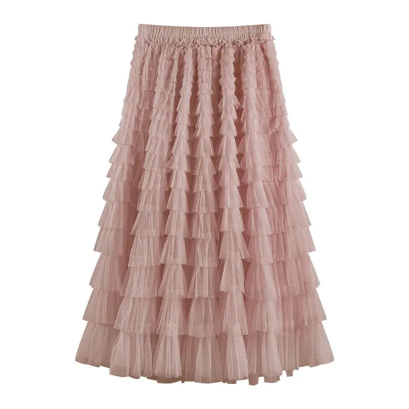 Front view of the Lace Hollow Tulle Long Skirt
