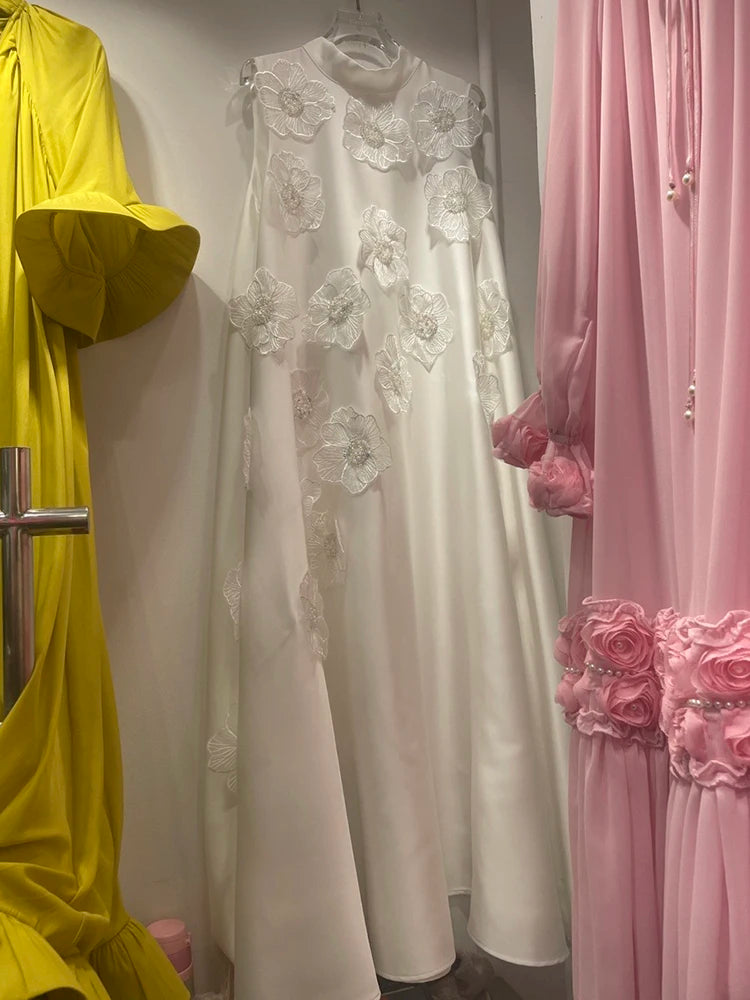 3D Floral Embroidered Flared Sleeveless Designer Dress