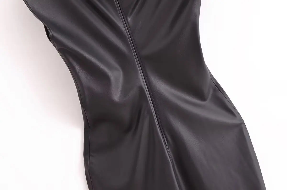 Sleek black faux leather dress for elegant night outs.
