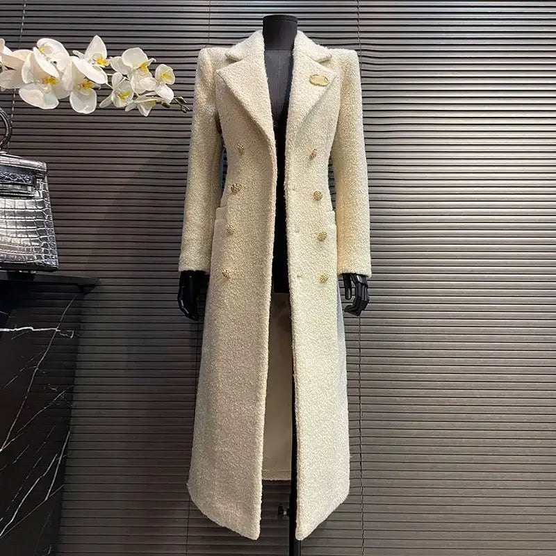 Elegant Women’s Woolen Coat with Suit Collar and Button Details.