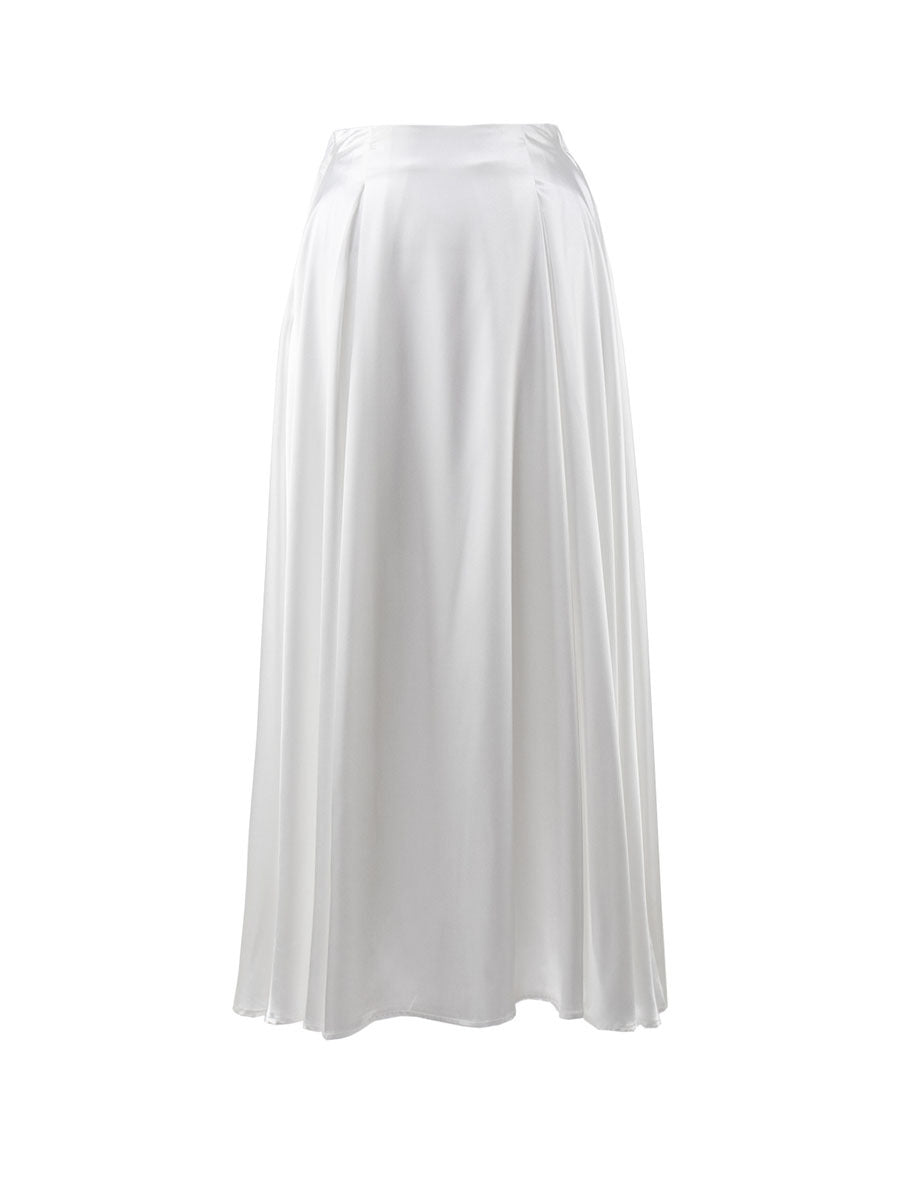 A-line silhouette of a satin skirt shown from the side.
