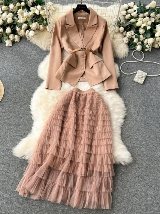 Vintage Blazer & Layered Skirt Two Piece Suit