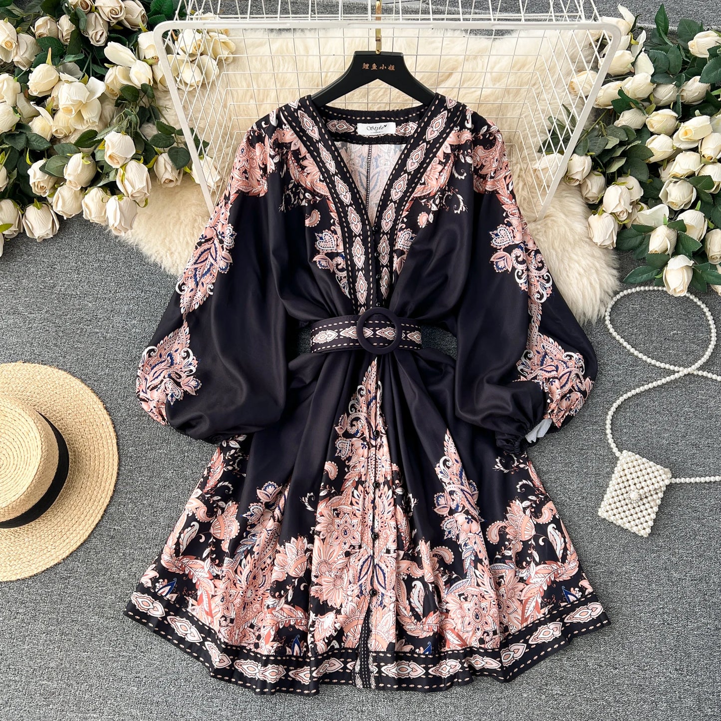 Vintage Print Elegant Lantern Long Sleeve Dress