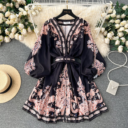 Vintage Print Elegant Lantern Long Sleeve Dress