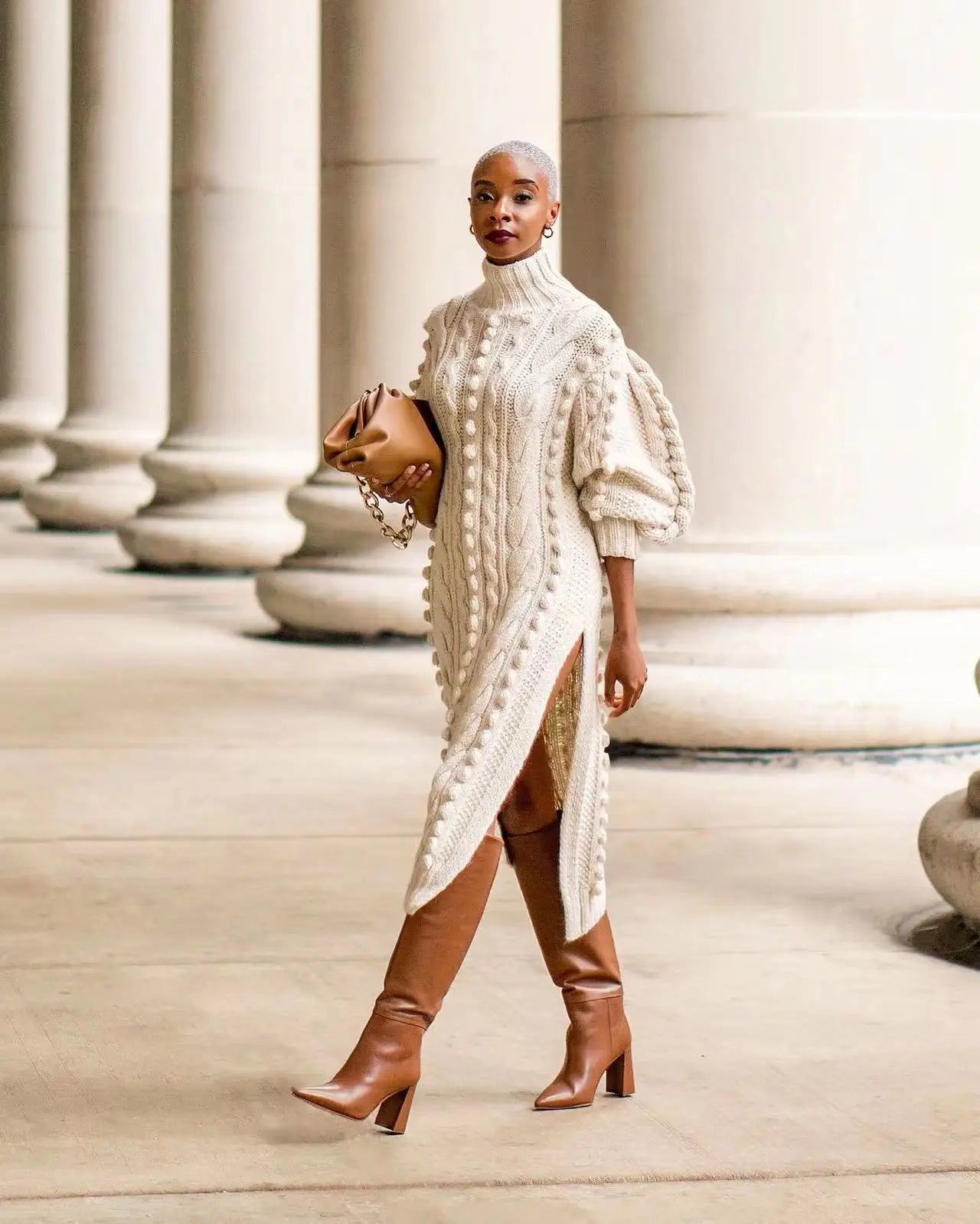 Cozy knitted dress with long sleeves and turtleneck
