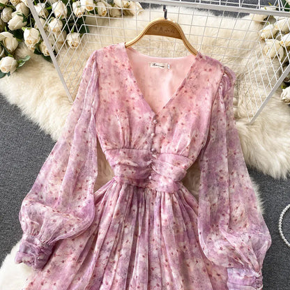 Vintage Floral Print Pleated Chiffon Puff Sleeve Dress