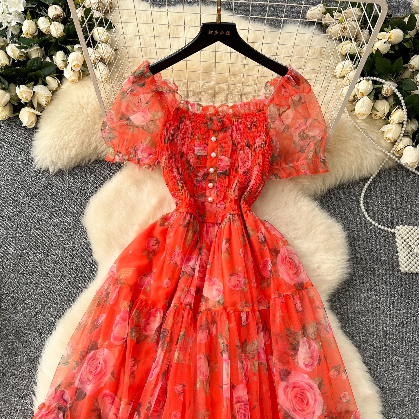 Elegant French Vintage Short Puff Sleeve Chiffon Dresses