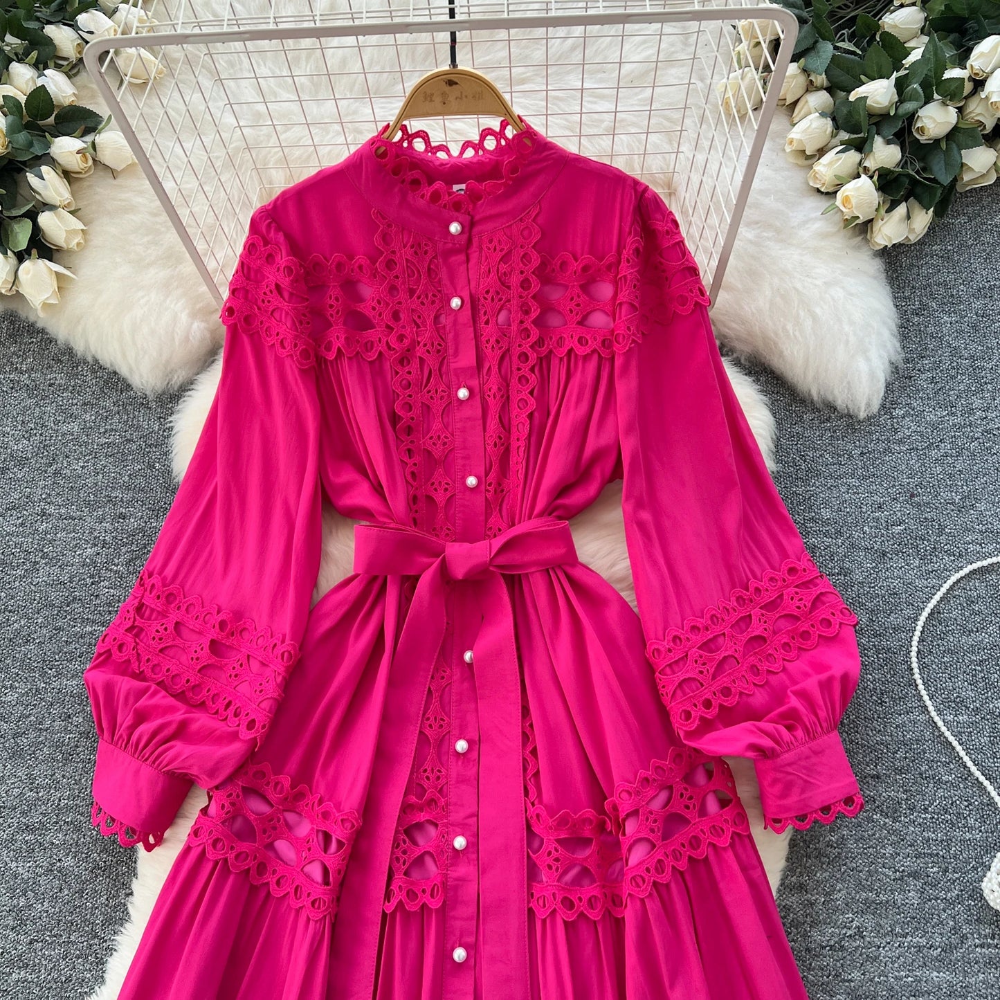 Elegant Hollow Out Hook Flower Lantern Sleeves Dresses