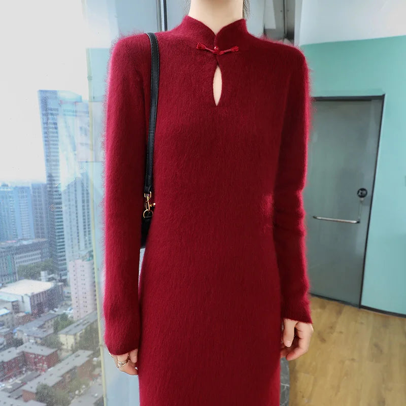 Close-up of a model wearing the mink cashmere maxi dress.
