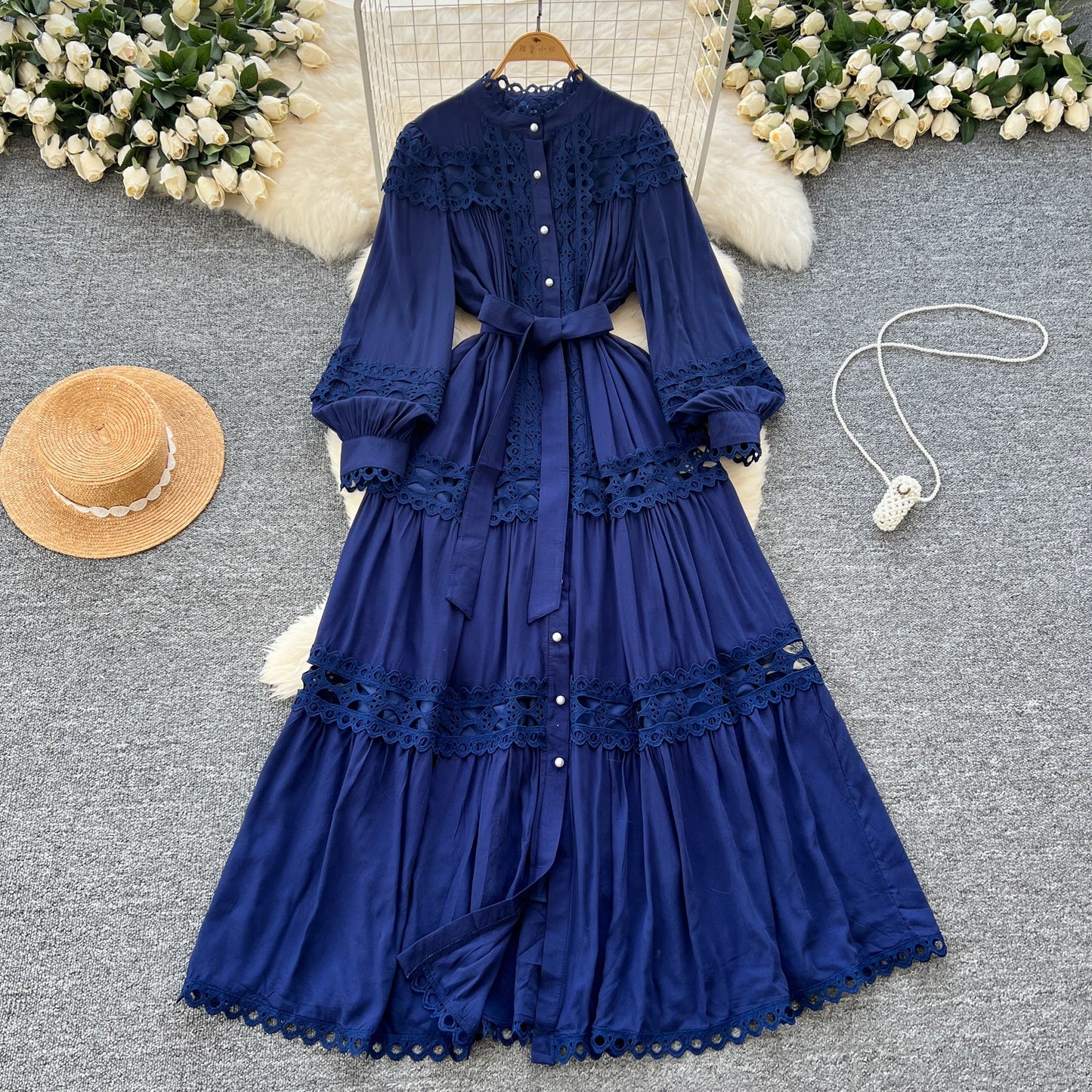 Elegant Hollow Out Hook Flower Lantern Sleeves Dresses