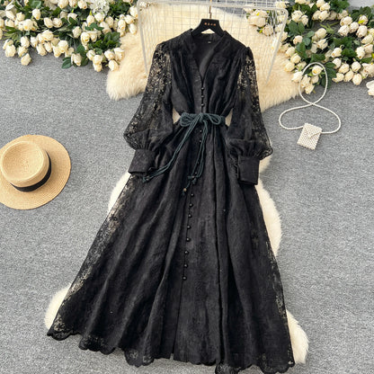 Vintage mesh  Elegant   Long Sleeve V Neck Draw String Single Breasted  Print Dress A-line Casual Fashion women clothing