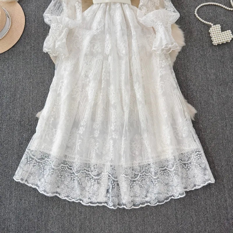 Pleated Lace Vintage White Dress with Ruffles