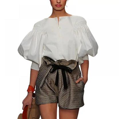 Puff Sleeves Blouses Summer Buttoned Casual Tops