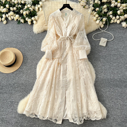 Vintage mesh  Elegant   Long Sleeve V Neck Draw String Single Breasted  Print Dress A-line Casual Fashion women clothing