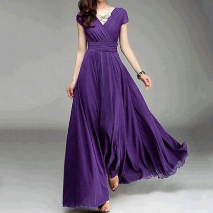 Side view of the elegant chiffon evening dress with short sleeves.
