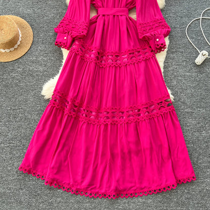 Elegant Hollow Out Hook Flower Lantern Sleeves Dresses