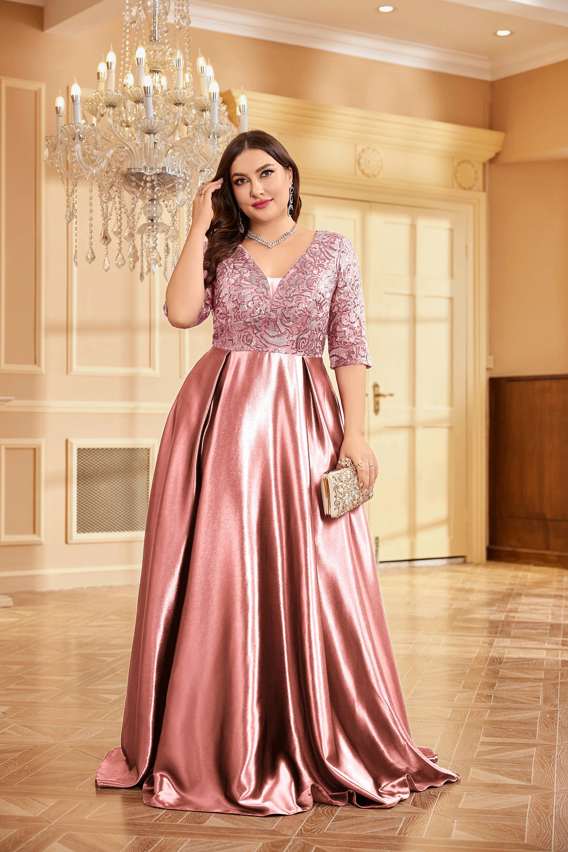 Flowy luxury gold satin evening gown
