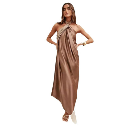 Maxi-length satin dress with a flowy silhouette
