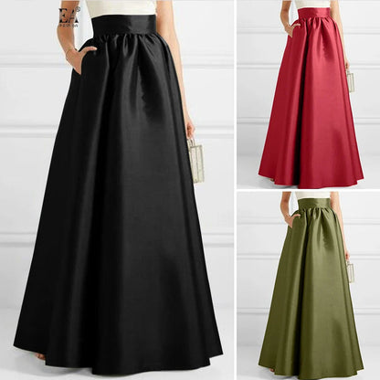 Elegant High Waist Solid A-line Maxi Skirt