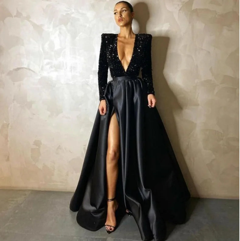 Glamorous Black  sequins long formal dress for evening events
