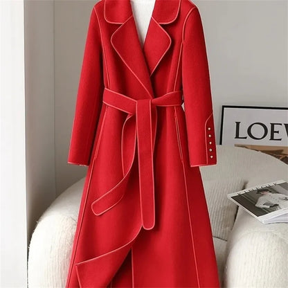 Front view of Elegant Red Double-Sided Cashmere Coat on a mannequin.