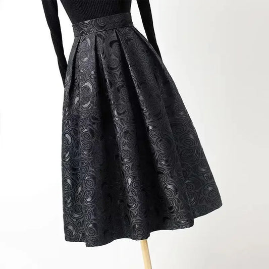 Front view of the Black Jacquard Pleated Party Skirt
