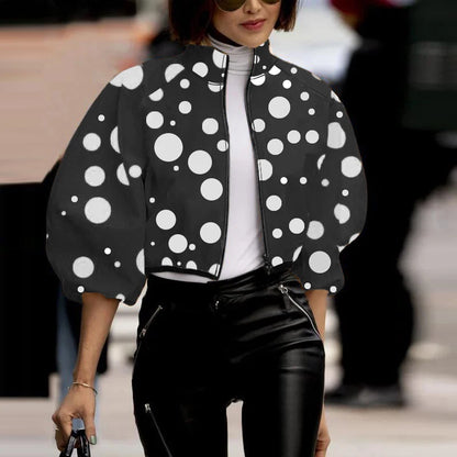 Turtleneck Short Jacket Stylish Flower Print Zipper Jackets