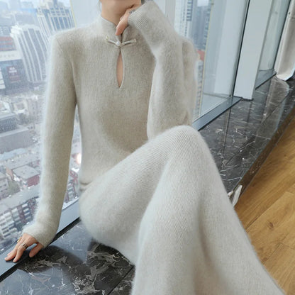 Soft and luxurious mink cashmere dress with full-length design.
