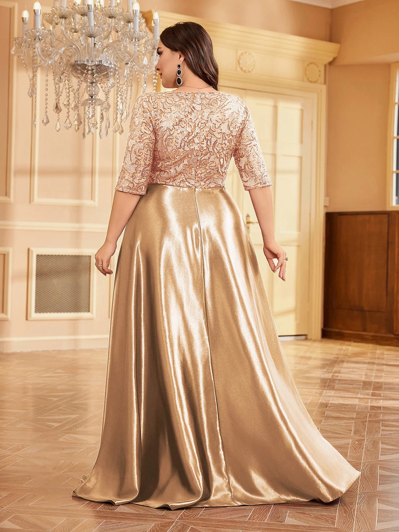 Back view of luxury V-neck evening dress