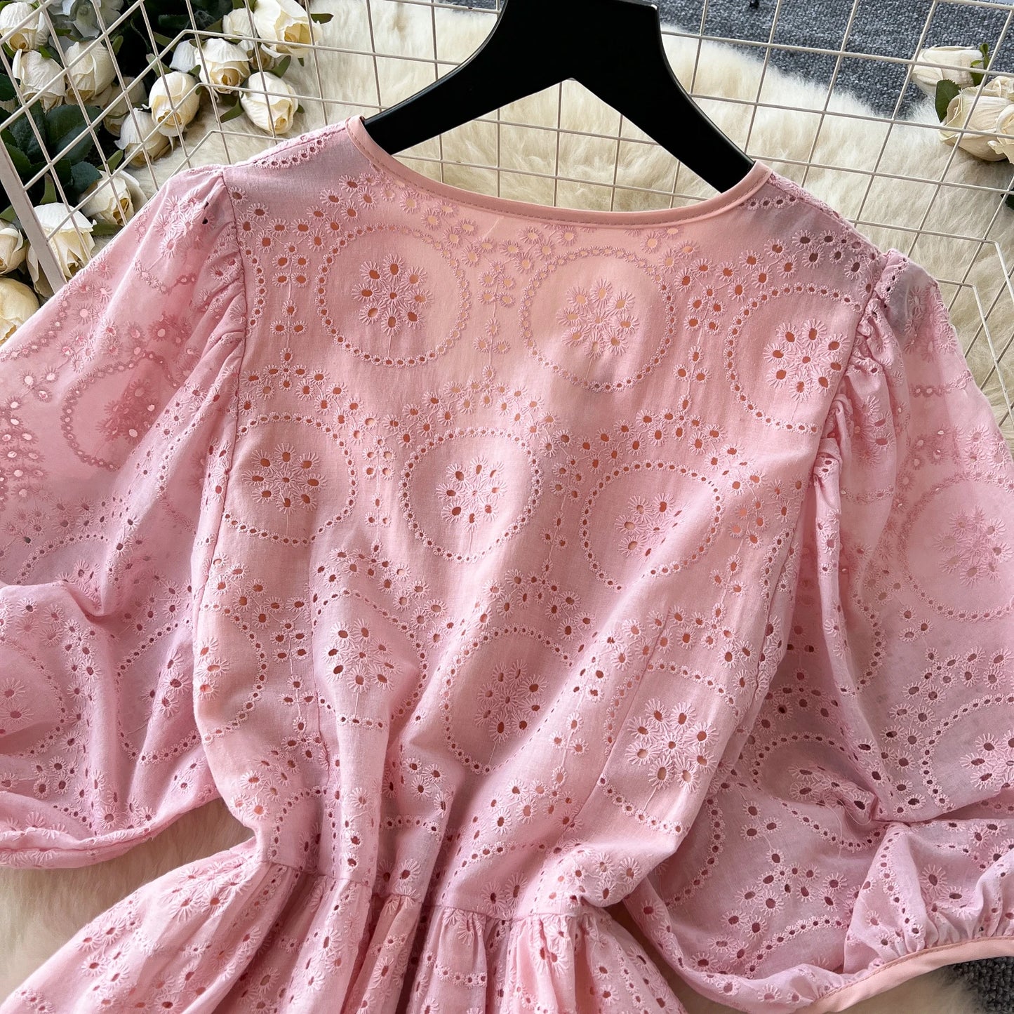 Elegant French Embroidered Vintage Pink Dress