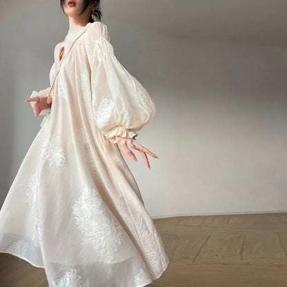 French Elegant Lantern Sleeve Embroidery Midi Dress