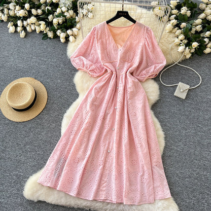 Elegant French Embroidered Vintage Pink Dress