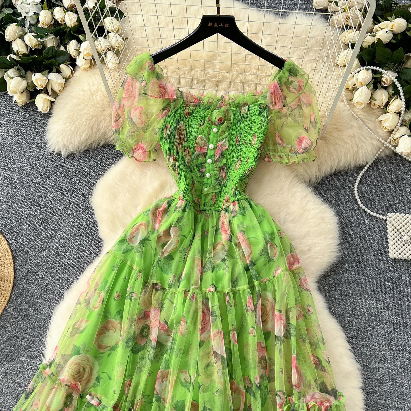 Elegant French Vintage Short Puff Sleeve Chiffon Dresses